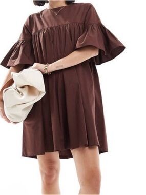ASOS design Brown Short Ruffle Sleeve Swing Dress size 14